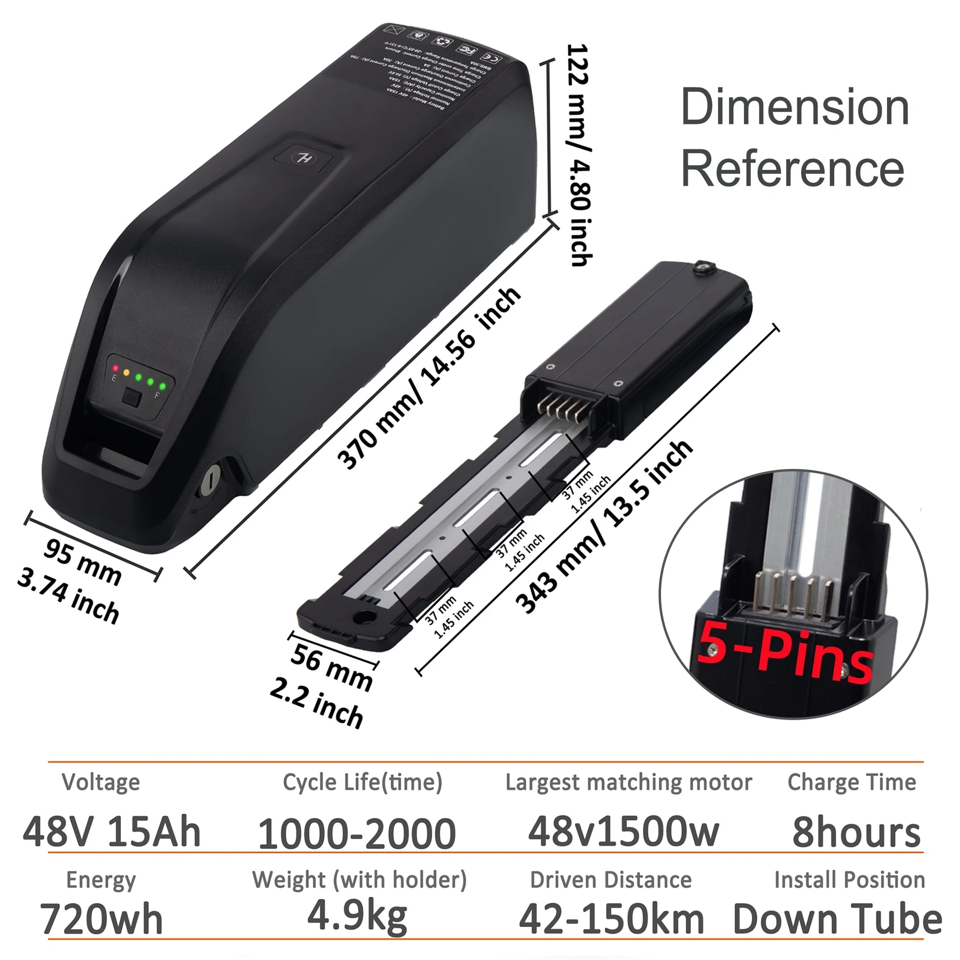 48V 15Ah Ebike Battery 5 Pins Lithium Battery 48V Battery 1500W for Electric Bicycle