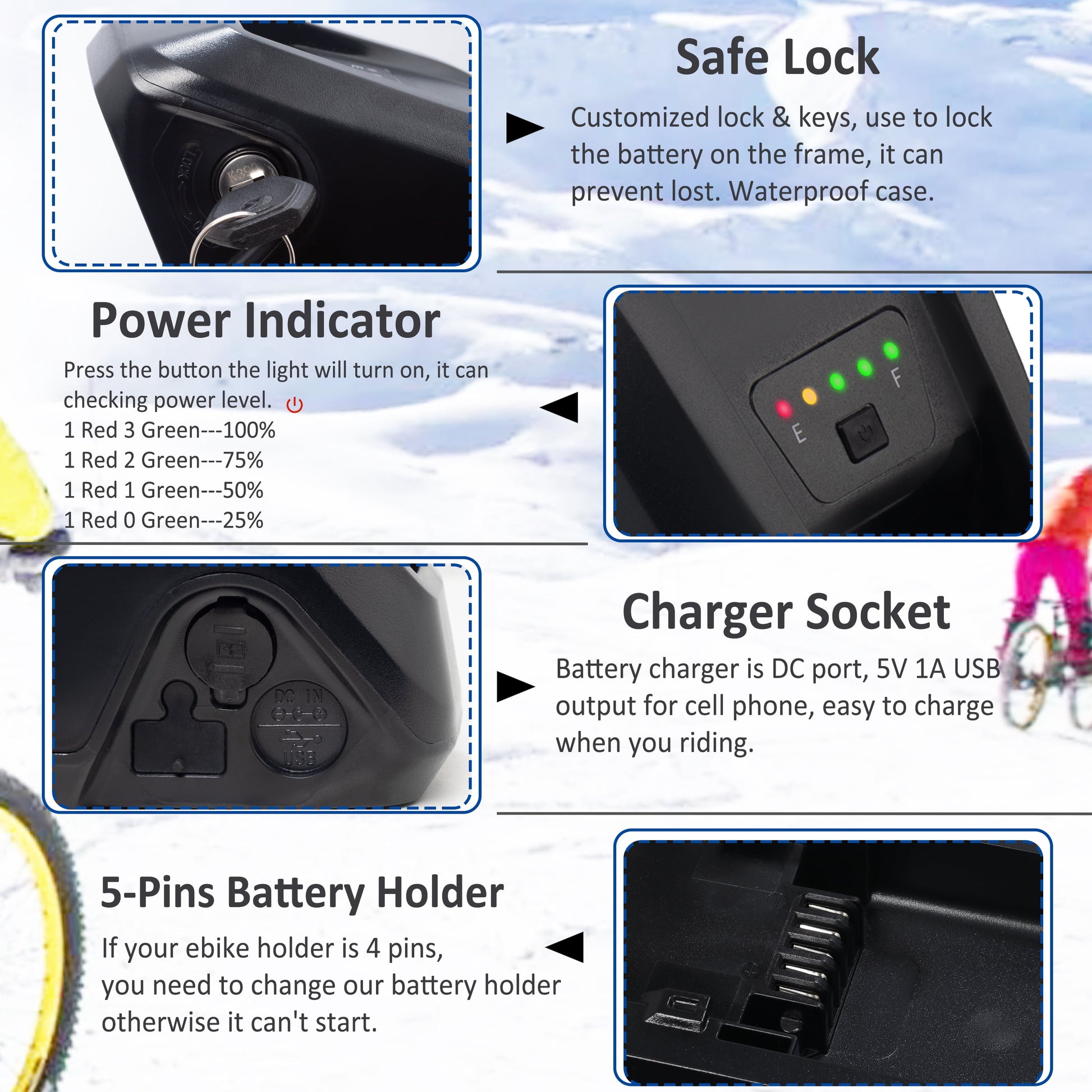 48V 15Ah Ebike Battery 5 Pins Lithium Battery 48V Battery 1500W for Electric Bicycle